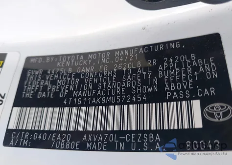 2021 Toyota Camry Se/Se Night Shade z USA, uszkodzony, nr VIN 4T1G11AK9MU572454